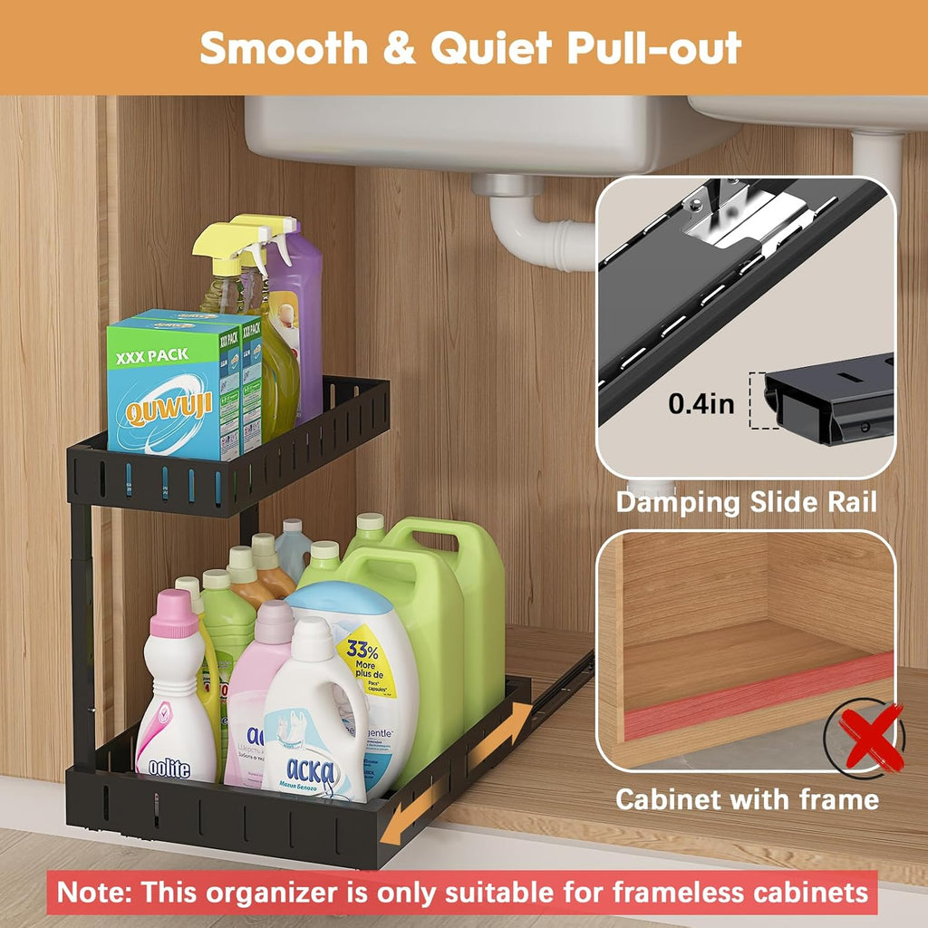 REALINN Under Sink Organizer, 2 Tier Expandable Under Cabinet Organizer, Heights Adjustable Pull Out Storage for Kitchen Bathroom Laundry, Black, 1 Pack