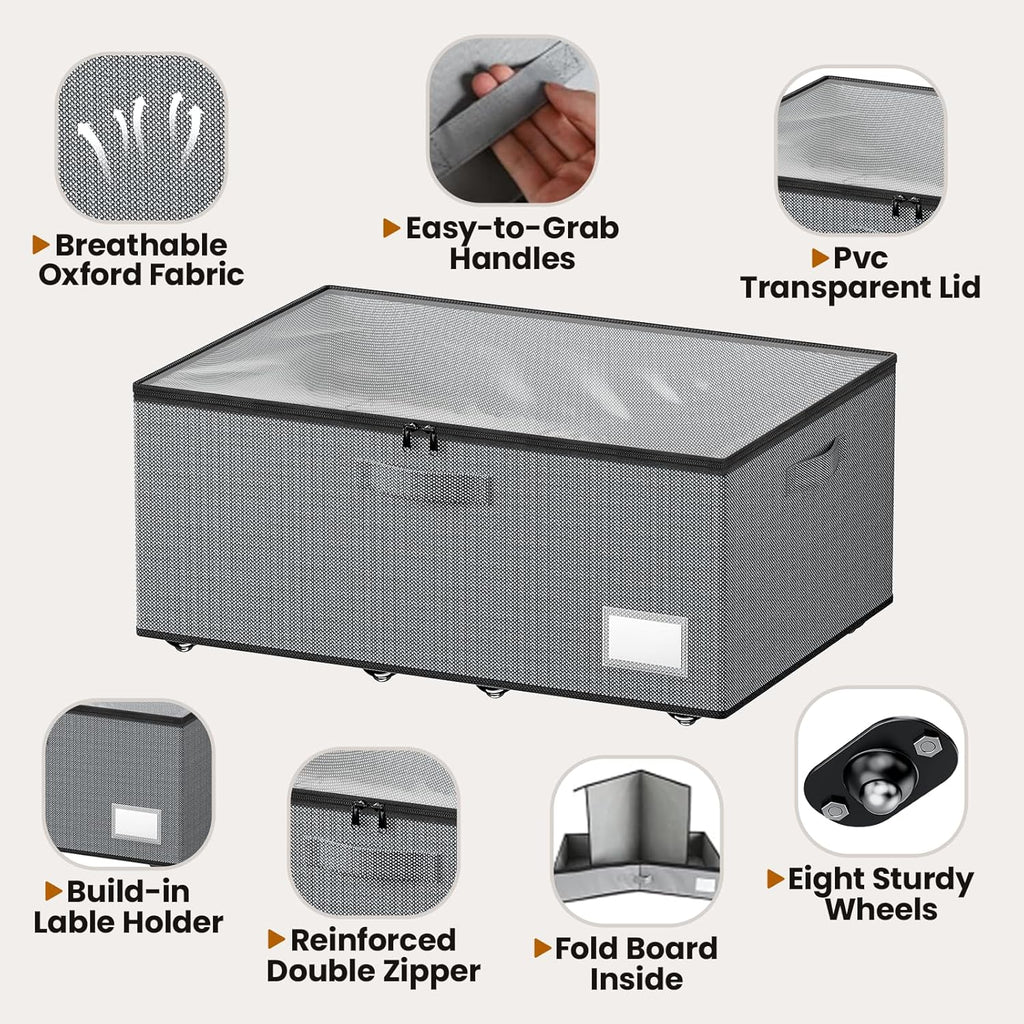 Underbed Storage with Wheels, 2 Pack Under Bed Storage Containers with Clear Lids, No Assembly Required 10.1 inch Rolling Under Bed Storage for Clothes, Grey