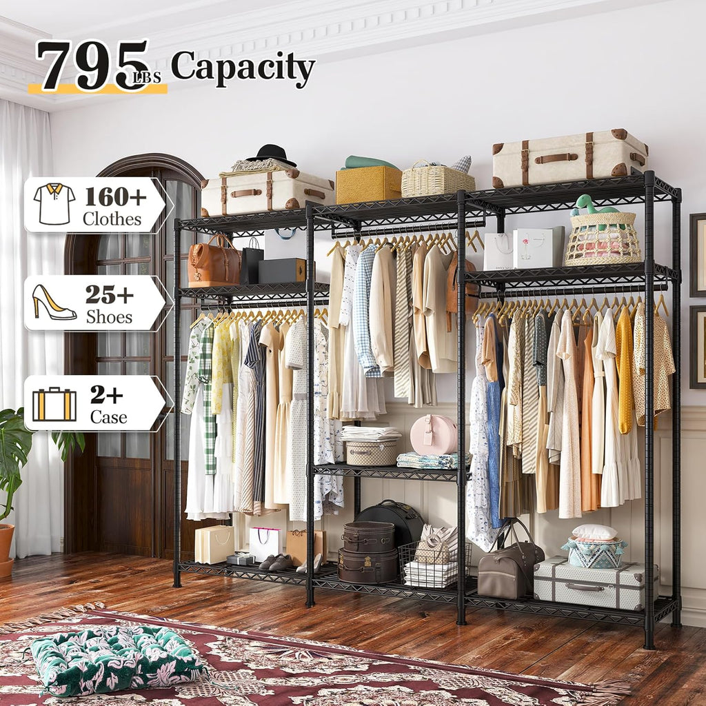 Raybee Clothes Rack Heavy Duty Load 795LBS Portable Clothing Racks for Hanging Clothes Adjustable Garment Rack, 56" W X16 D X 75.5" H Black