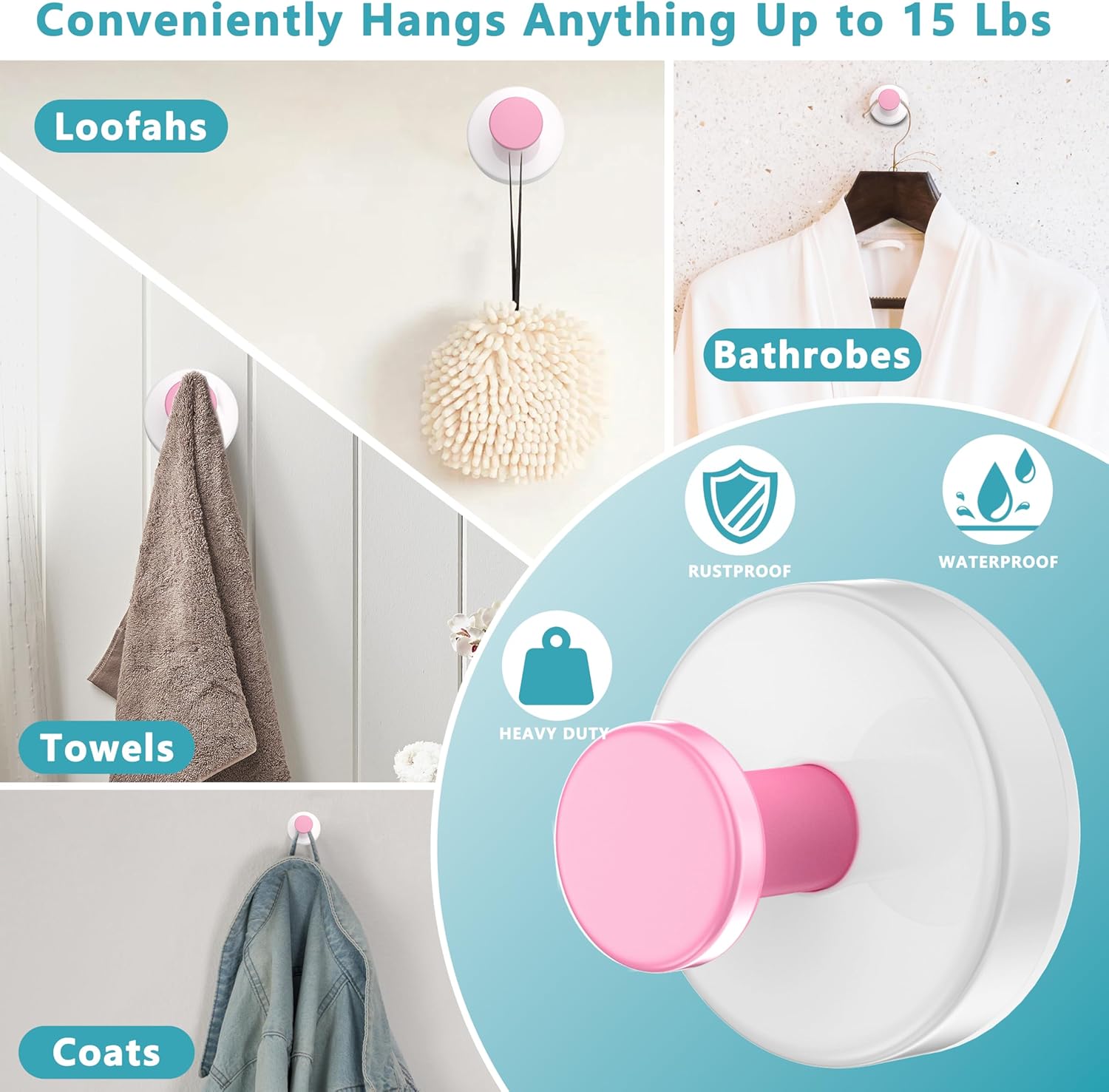 Suction Cup Hooks for Shower,Removable No Drill Towel Hooks,Upgraded 15 lbs Strong Suction hooks for Bathroom Tile,Shower Wall,Glass Door,Kitchen-Loofah,Coat,Stainless Waterproof-White Pink 4 Pcs