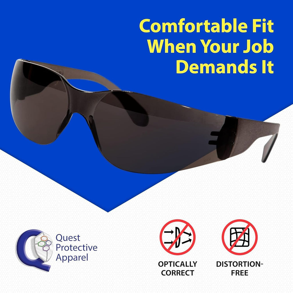 Quest Protective Apparel Safety Glasses for Men and Women - Anti Fog Safety Goggles for Shooting, Lab, or Construction – Polycarbonate Eye Protection [Smoke & Pack of 144 Pairs]