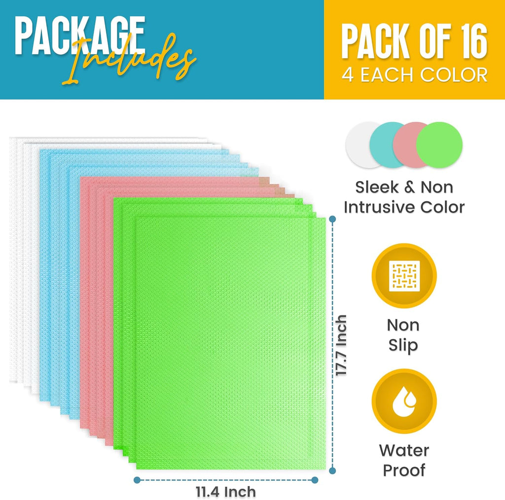 Refrigerator Liners for Shelves (16 Pack) by Linda’s Essentials - Non-Adhesive Shelf or Drawer Liner, BPA-Free Fridge Mats for Kitchen & Cabinets, Easy to Clean, Ideal Household Essentials(MultiColor)