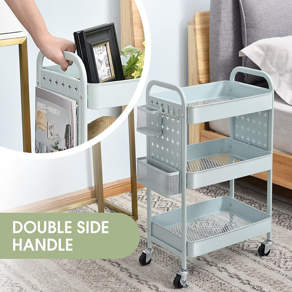 TOOLF 3-Tier Rolling Cart, Metal Utility Storage Cart with DIY Pegboards, Art Craft Trolley with Baskets Hooks, Serving Organizer Easy Assemble for Office, Home, Kitchen, Classroom (Green)