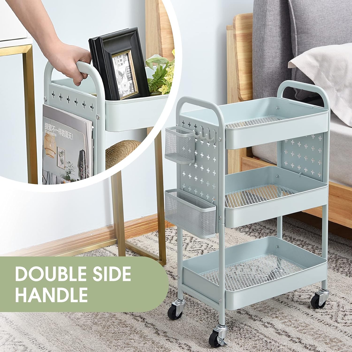 TOOLF 3-Tier Rolling Cart, Metal Utility Storage Cart with DIY Pegboards, Art Craft Trolley with Baskets Hooks, Serving Organizer Easy Assemble for Office, Home, Kitchen, Classroom (Green)