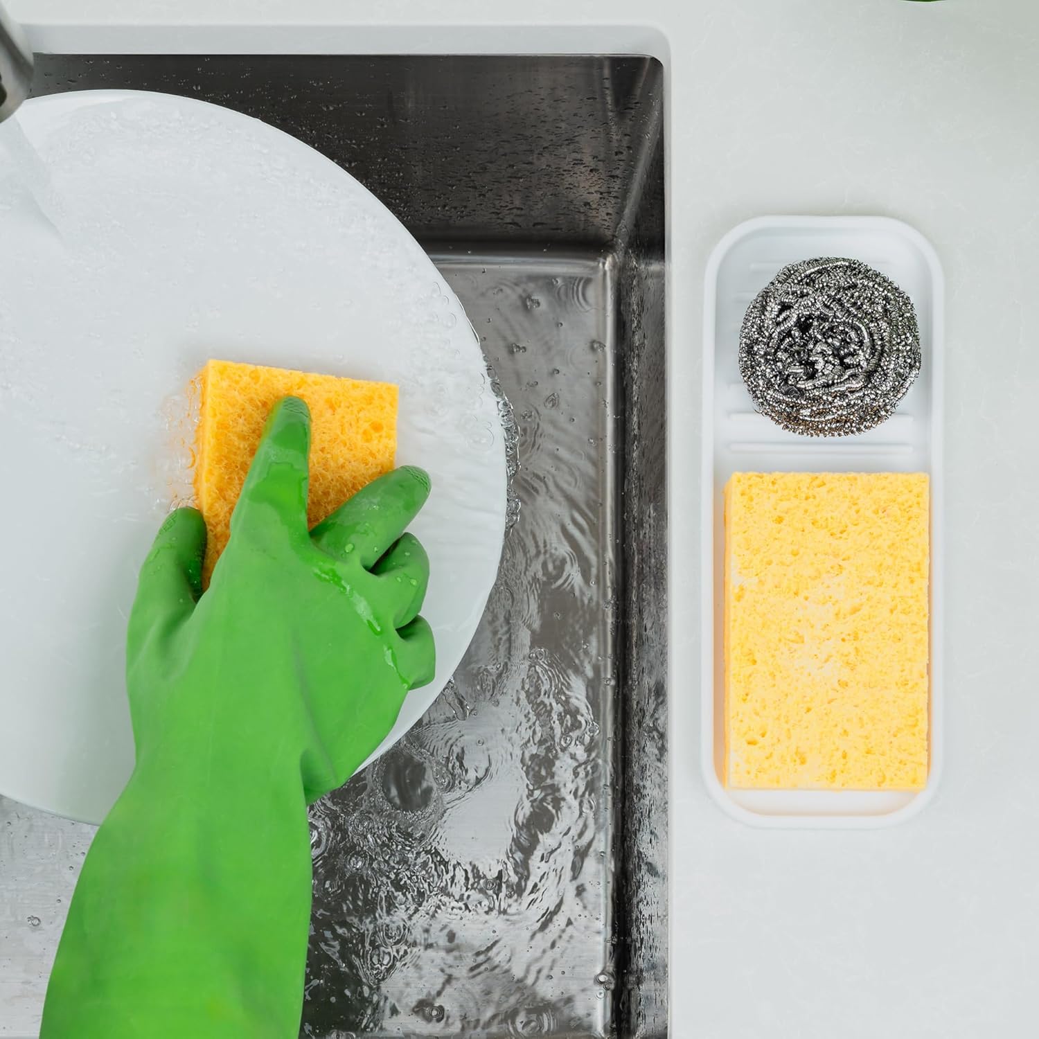 Zulay Kitchen (9x3.5) Silicone Sponge Holder for Kitchen Sink - Flexible Multipurpose Soap Tray - Sink Organizer for Kitchen, Bathroom, Makeup, Trinkets & More (White)