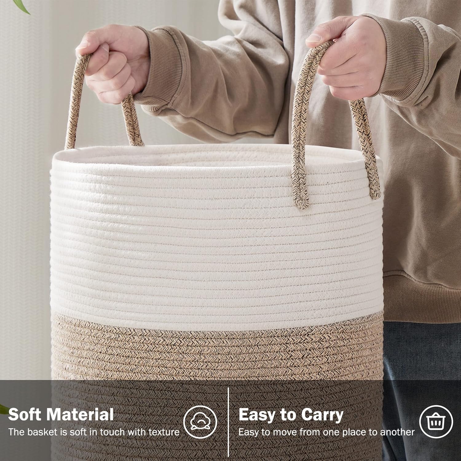 YOUDENOVA Woven Rope Laundry Hamper Basket, 58L Tall Laundry Basket, Baby Nursery Hamper for Blanket Storage in Bedroom-Large-Brown