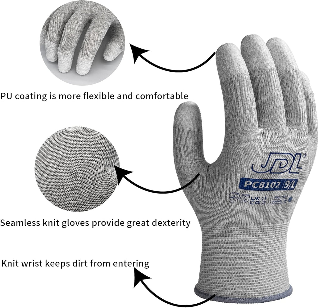 JDL ESD Work Gloves, Anti-Static Gloves for PC Building, 12 pairs, Computer Installation & Repair, High Resistance Carbon Fiber Gloves, Medium