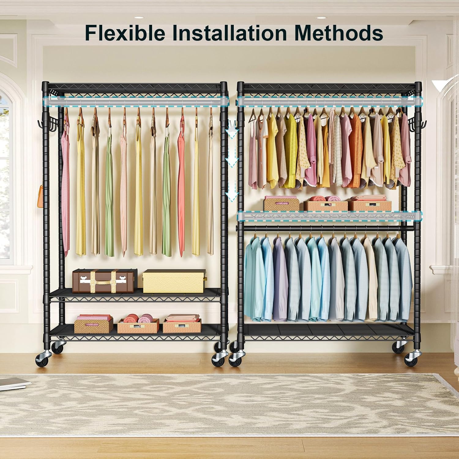 FUTASSI P1 Plus Rolling Clothes Rack, 22mm Diameter Heavy Duty Garment Rack with Wheels, Portable Closet Wardrobe with Double Rods, 45" W x 17.7" D x 80.5" H, Max Load 524 LBS, Black