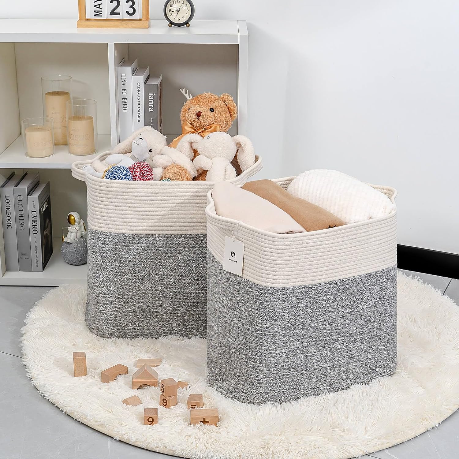 Storage Baskets for Clothes Fabric Cotton Rope Storage Basket with Handles, Decorative Woven Basket for Living Room,Closet Organizer Blankets, and 2bags (Silver Gray, L14×W11×H14)
