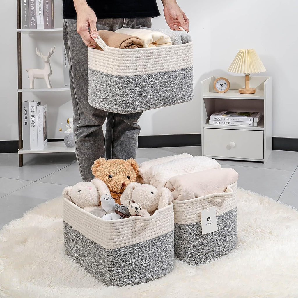 Medium and Large Woven Basket//With Handle, Used for Toys and Fabric Storage Basket used for Storing xl Storage Box, Decorative Storage Box Room 2pack (14L*10W*8.6H Silver Gray, 14Lx10Wx8.6H)