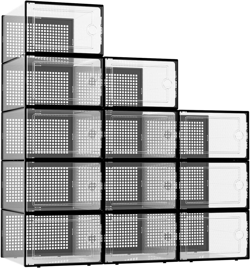 Kuject XX-Large Shoe Storage Boxes Organizers Clear Plastic Stackable 12 Pack, Shoe Rack & Holder Substitute, Sneaker Containers, Toy Storage Organizer Bins for Entryway, Closet, Under Bed, Black