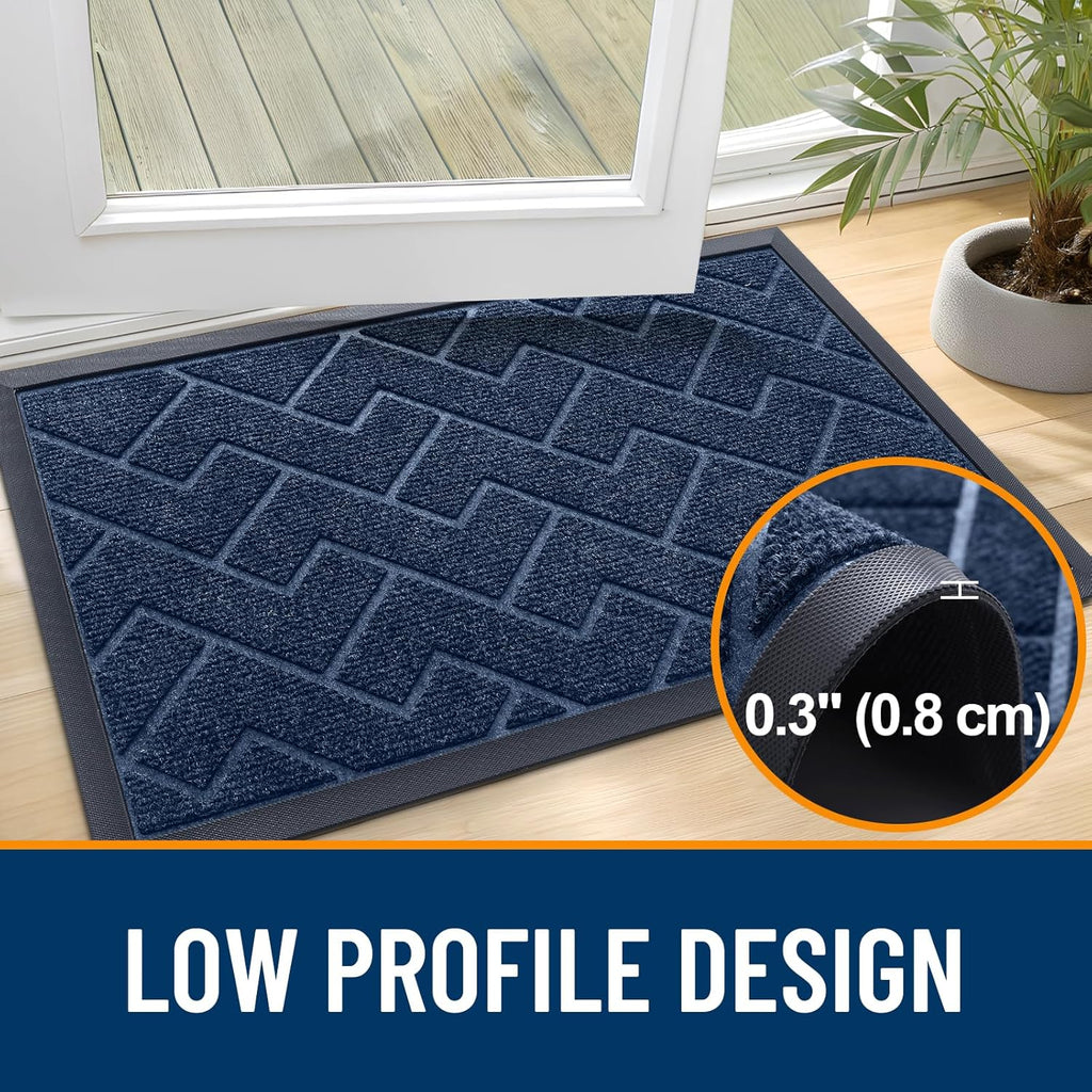 OLANLY Front Door Mat Indoor Outdoor Entrance, Waterproof All-Season, All-Weather Doormat, Sturdy Natural Rubber, Low Profile, Easy Clean Patio Porch Entryway Mat, Herringbone Brick (Blue, 47x23)