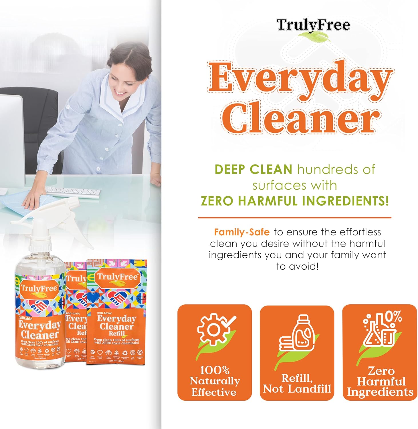Truly Free Everyday Cleaner - Multipurpose Cleaner Spray, Kitchen Counter Cleaner, Natural Cleaning Products, Multi-Surface Household Solution, 1 Empty Bottle Spray (16oz) & 2 Refills (3oz each)