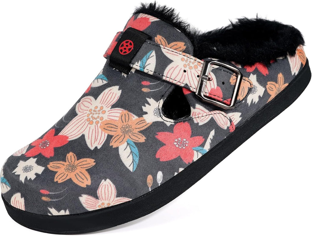 Fur Lined Clogs for Women Men Suede Winter Slippers Arch Support Slip on Mules Potato Shoes with Removable Cushion Footbed Warm Home House Shoes