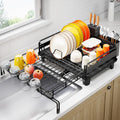 Dish Drying Rack - Extendable Dish Drainer, Large Dish Rack for Kitchen Counter, Rustproof Dish Strainer with Utensil Holder and Cups Holder, 1 Tier Black