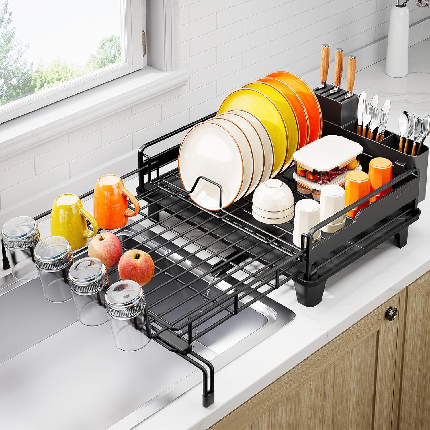 Dish Drying Rack - Extendable Dish Drainer, Large Dish Rack for Kitchen Counter, Rustproof Dish Strainer with Utensil Holder and Cups Holder, 1 Tier Black