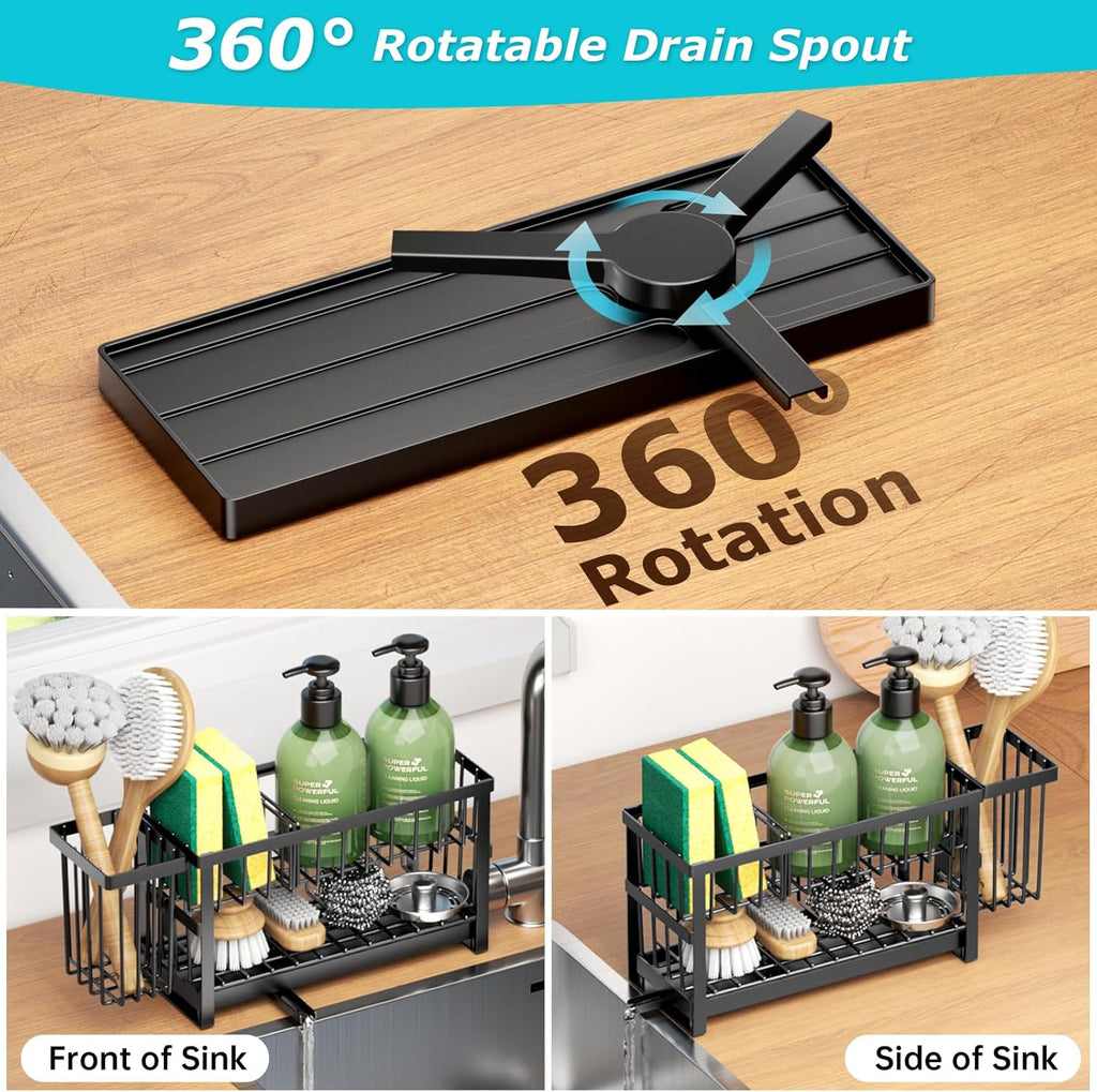 Sponge Holder for Kitchen Sink, 2 Tier Sink Caddy Organizer Countertop with Dish Brush Holder and 360° Drain Tray, Rustproof Stainless Steel Dish Soap Storage Rack Set for Accessories