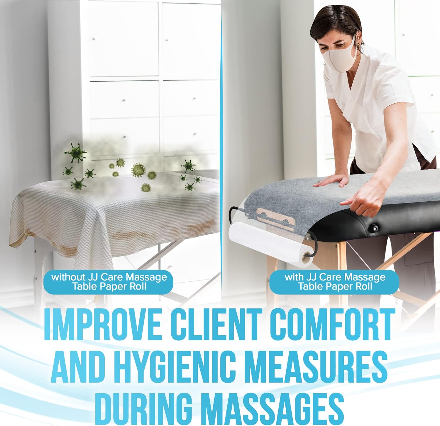 JJ CARE Disposable Massage Table Sheets - 50 Sheets [31.5" x 328 feet, 1 Roll] - 50% Thicker Perforated Massage Bed Cover, Non-Woven Disposable Roll for Massage Table for Waxing, Facial, Tattoo, & Spa