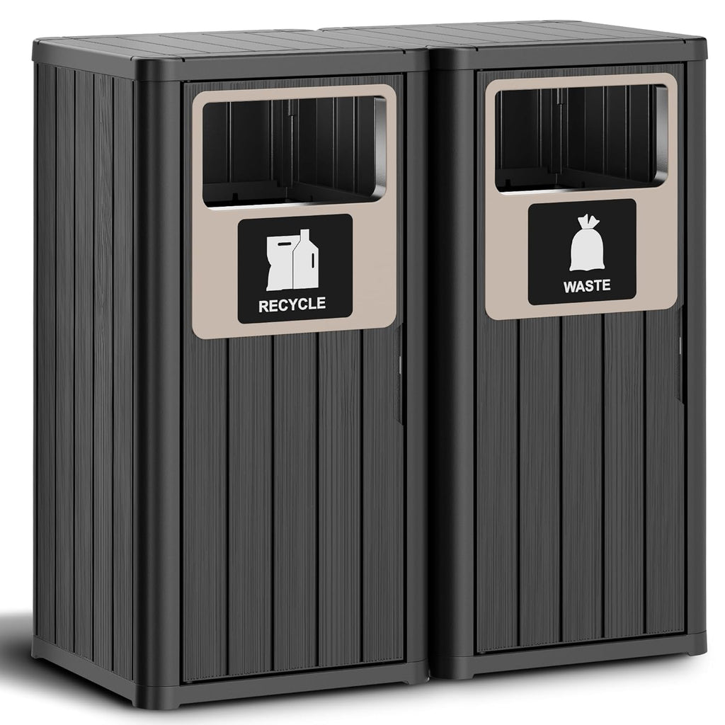 2pcs Outdoor Trash Can Waterproof Resin Garbage Can with Garbage Labels Outdoor Trash Bin for Patio, Garden,Kitchen, Black