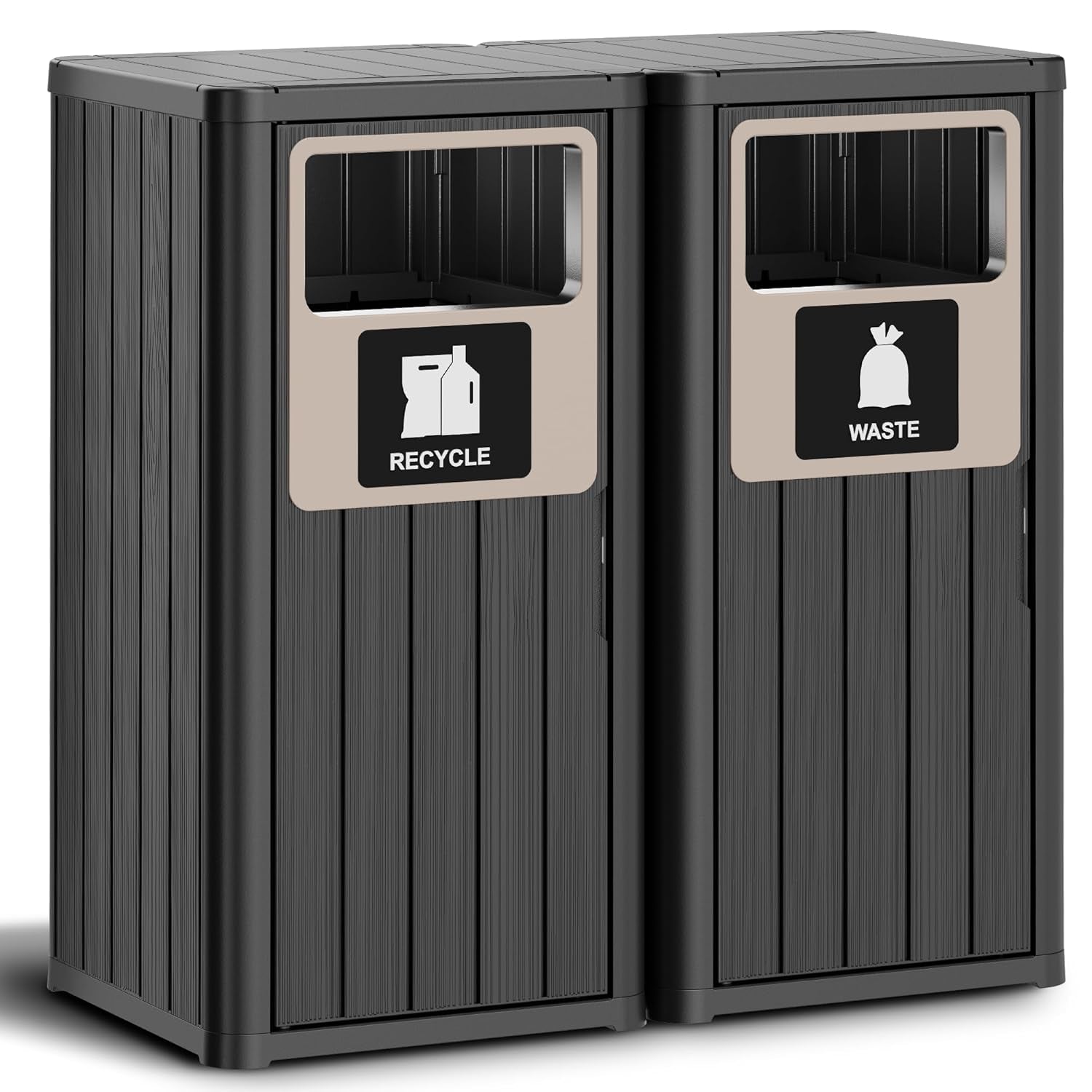 2pcs Outdoor Trash Can Waterproof Resin Garbage Can with Garbage Labels Outdoor Trash Bin for Patio, Garden,Kitchen, Black