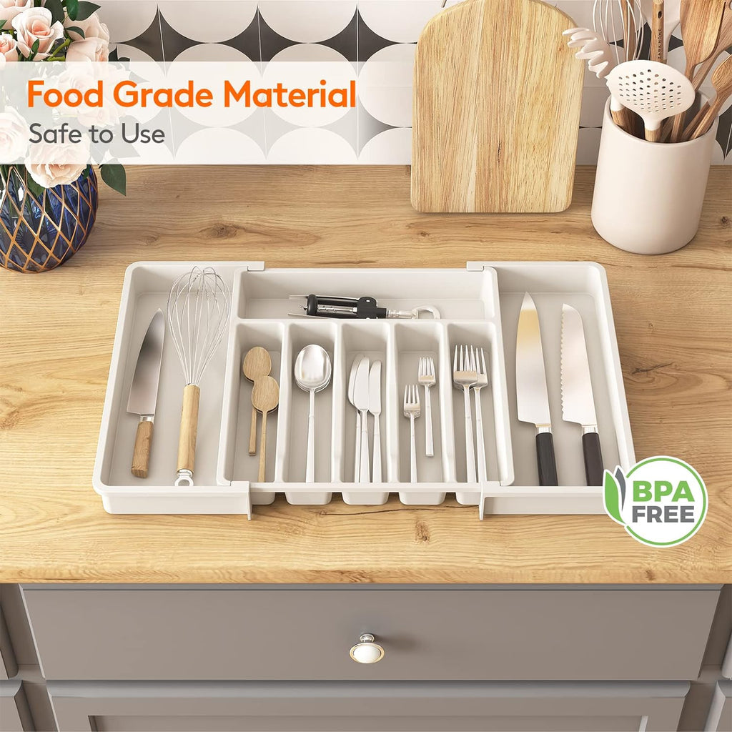 Lifewit Silverware Drawer Organizer, Expandable Utensil Tray for Kitchen, BPA Free Flatware and Cutlery Holder, Adjustable Plastic Storage for Spoons Forks Knives, Large, White
