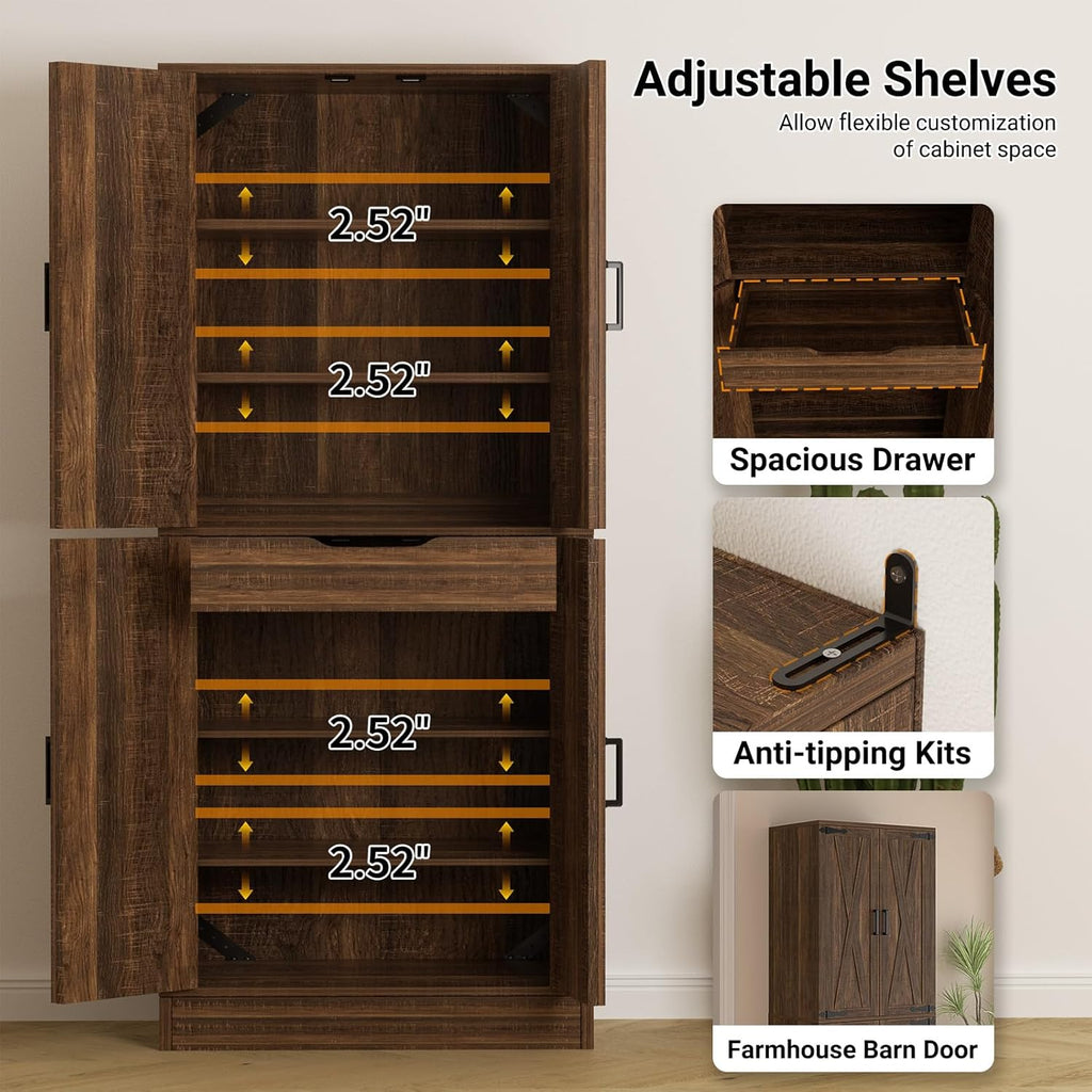 Unikito Kitchen Pantry Cabinet with Farmhouse Barn Doors and Storage Drawer, 8 Adjustable Shelves, Freestanding Tall 71" Cupboard for Dining Room, Living Room, Utility Room, Weathered Brown 2 Pack