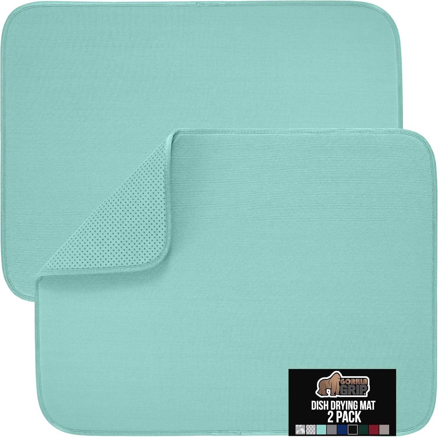 GORILLA GRIP Ultra Water Absorbent Microfiber Dish Drying Mat, Quick Dry Thick Mesh, Slip Resistant Pad for Sink Dishes or Under Rack, Kitchen Counter Accessories, 16x18, Machine Wash, 2 Pack Mint