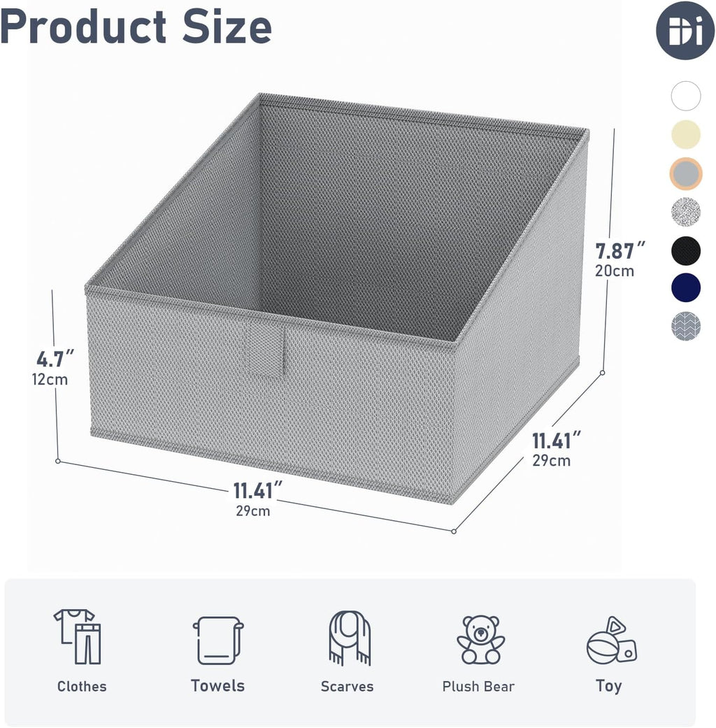 DIMJ Storage Bins for Closet, Trapezoid Storage Bins with Front Handle, Fabric Storage Baskets for Shelves, Line Closet Organizers for Toys, Boooks, Clothes, 6 Packs (Grey)