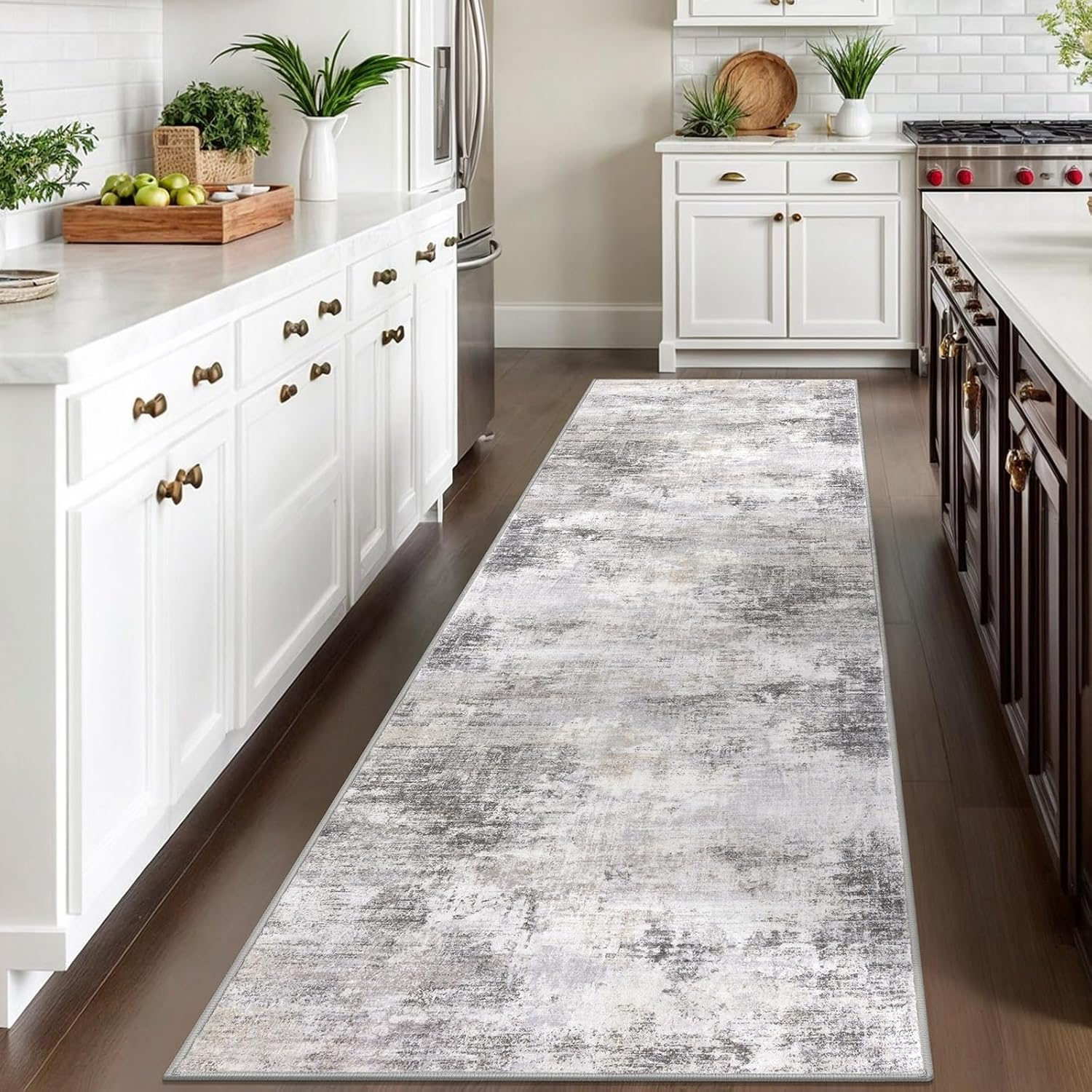 IOHOUZE Abstract Runner Rug 3x10 Ft Washable Runners for Hallways, Non Slip Kitchen Runner Printed Faux Wool Entryway Runner Indoor, Modern Abstract Floor Carpet for Hall Bedroom, Grey Beige