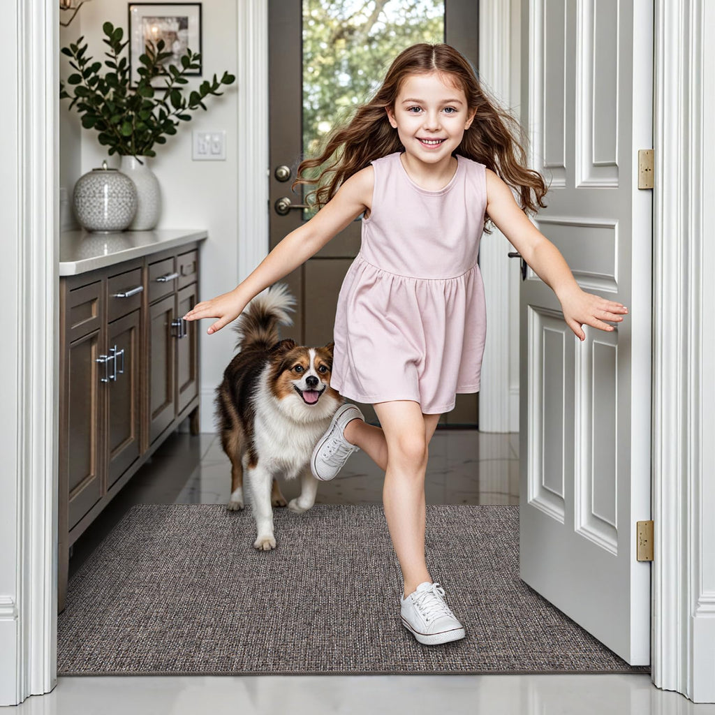 LUMI Ultra Thin Door Mat for Entryway, Low Profile Non Slip Rubber Backing Indoor Doormat, Easy Clean Welcome Entrance Mat for Inside House, Patio,Brown 20"x32"