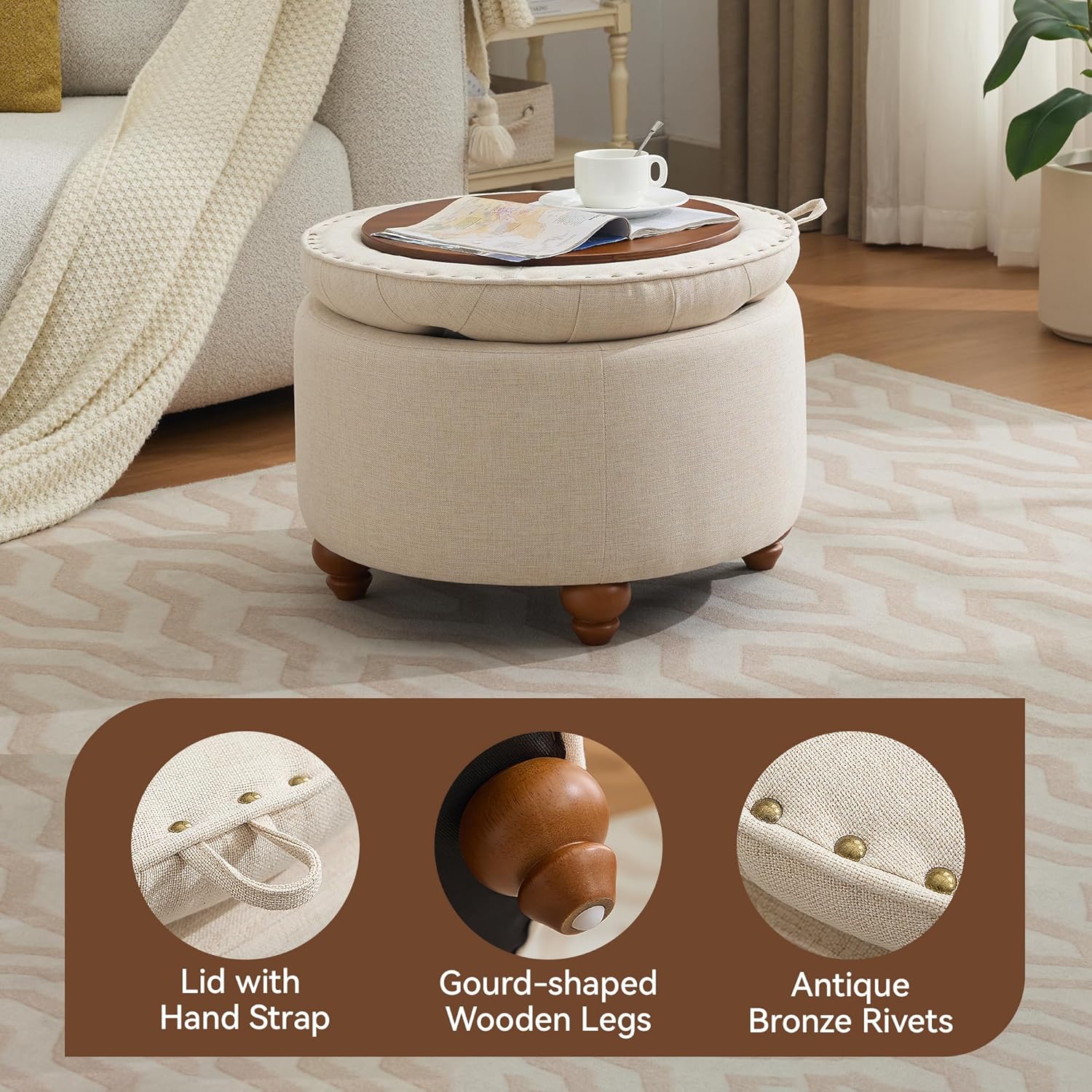 24Inch Round Storage Ottoman with Tray, Modern Tufted Fabric Circle Coffee Table with Storage, Upholstered Ottoman with Removable Top for Living Room, Bedroom, Khaki