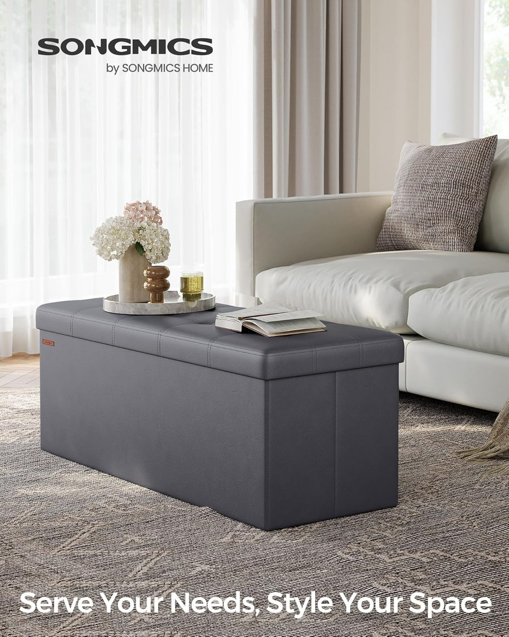 SONGMICS Mazie Collection - 43 Inches Folding Storage Ottoman Bench, Ottoman with Storage, Foot Rest Stool, Load 660 lb, for Living Room, Synthetic Leather, Dark Gray ULSF070G01
