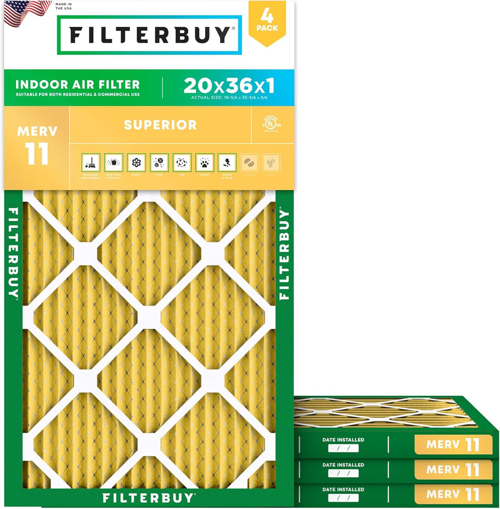 Filterbuy 20x36x1 Air Filter MERV 11 (MPR 1200) Allergen Defense Replacement (4-Pack), Electrostatic Pleated HVAC AC Furnace Filters, Made in USA (Actual Size: 19.75 x 35.75 x 0.75)