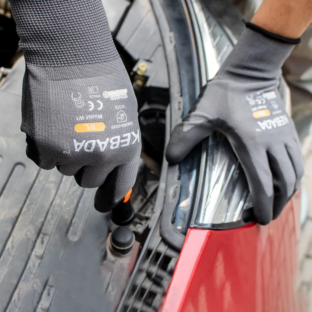 Kebada W1 Work Gloves for Men and Women, Touchscreen PU Coated Gloves with Grip, 50 Pairs Bulk Pack, Ideal for Warehouse Package Handling, Construction, Gardening, Gray Small