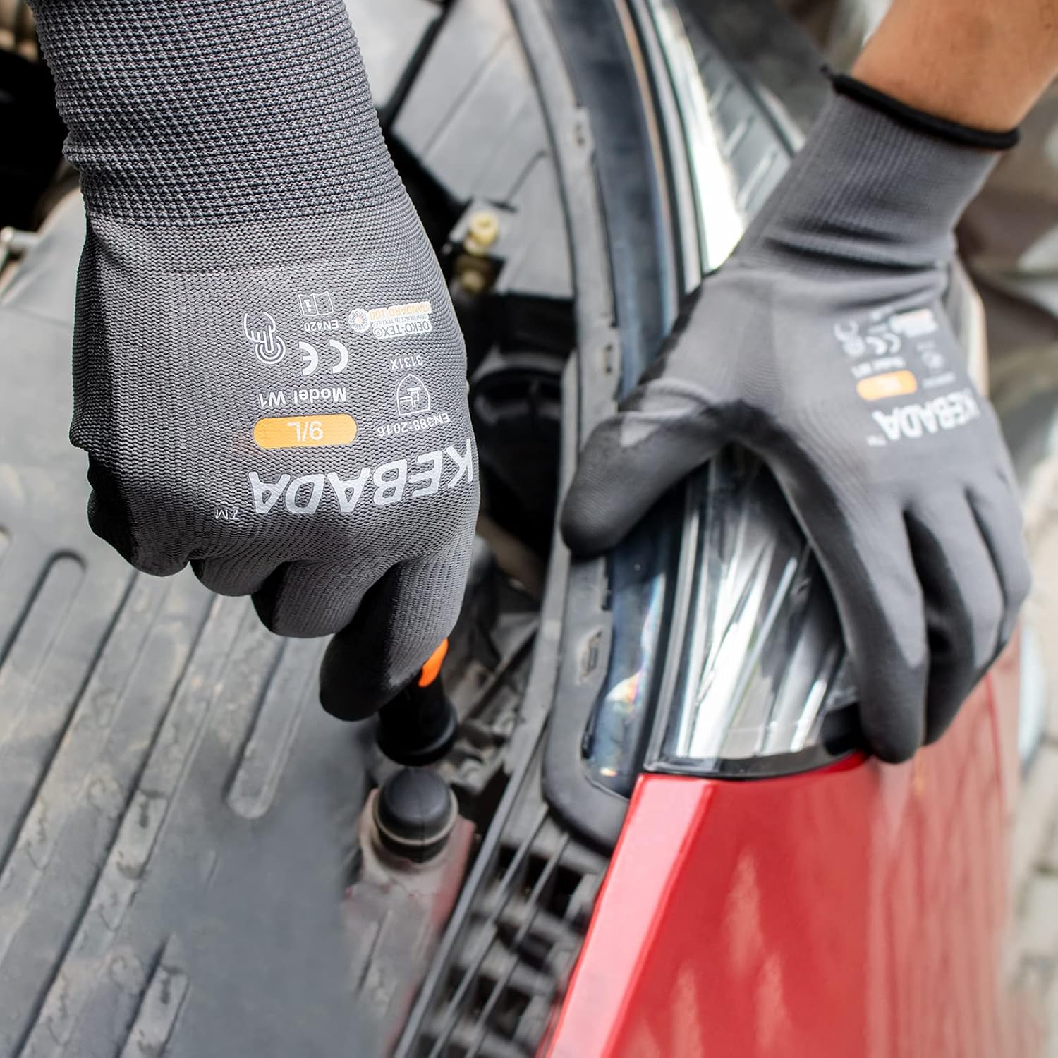 Kebada W1 Work Gloves for Men and Women, Touchscreen PU Coated Gloves with Grip, 50 Pairs Bulk Pack, Ideal for Warehouse Package Handling, Construction, Gardening, Gray Large