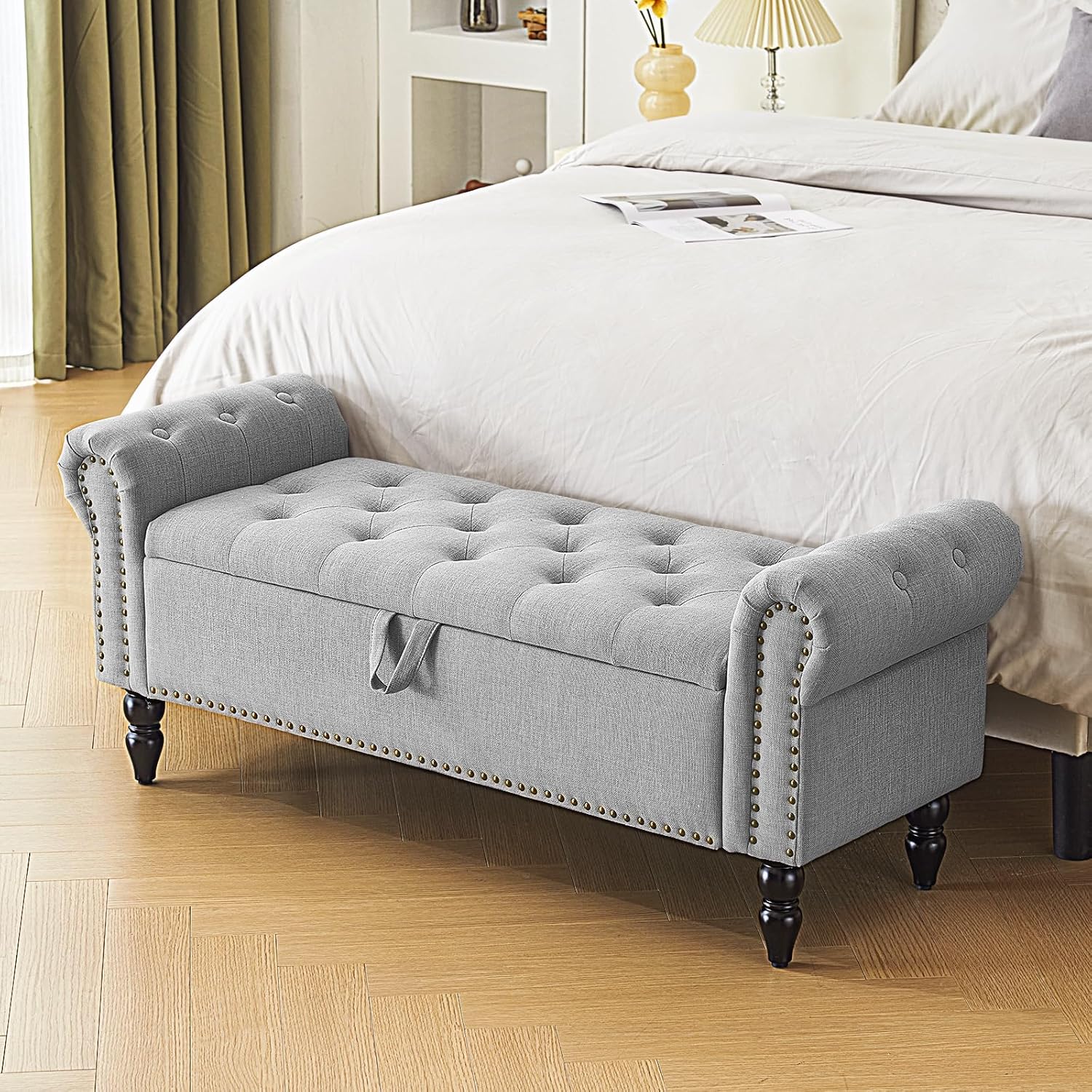 Furnimart Storage Ottoman Bench for Queen Size Bed, Faux Linen Upholstered Storage Bench Accent Bench with Rolled Arms for Bedroom,Living Room, Entryway, 2.5Cubic Feet
