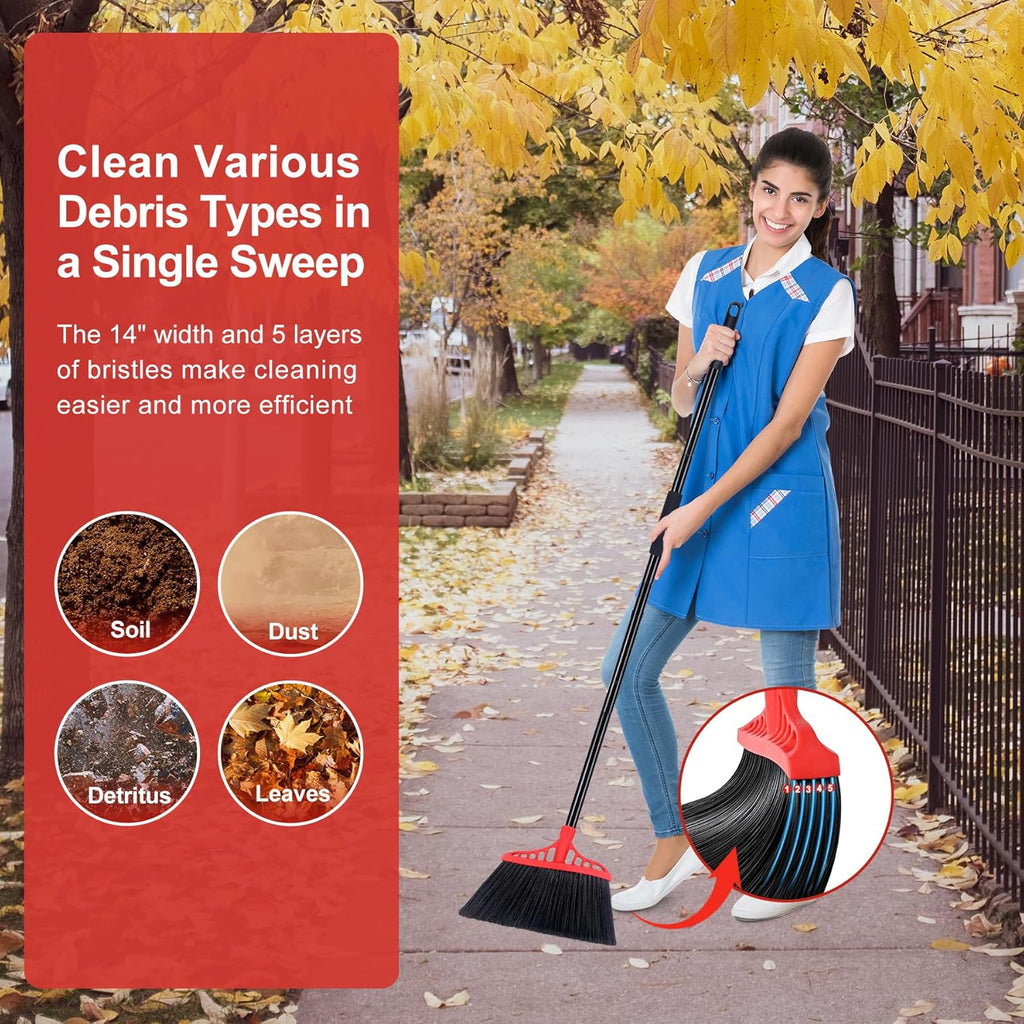 Heavy Duty Angle Broom - 55" Adjustable Iron Handle with Stiff Bristles - Commercial-Grade Indoor/Outdoor Broom for Garage, Patio, Kitchen, Sidewalk & Concrete Cleaning (Black & Red)