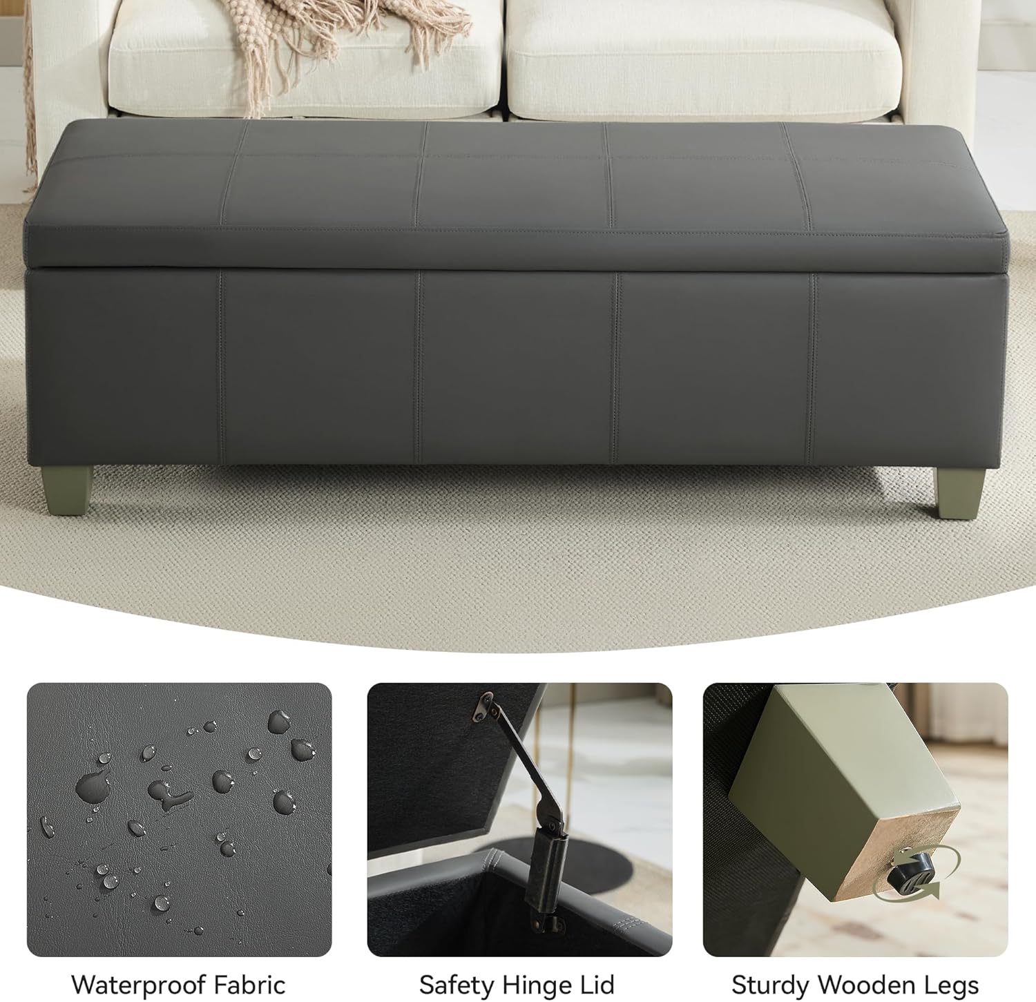 51" Faux Leather Storage Ottoman, Stitch Tufted Rectangle Upholstered End of Bed Storage Bench, Entryway Large Couch Ottoman with Wooden Legs,Dark Grey