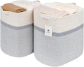 Storage Baskets for Clothes Fabric Cotton Rope Storage Basket with Handles, Decorative Woven Basket for Living Room,Closet Organizer Blankets, and 2bags (White/Gray, L16×W11.4×H15.9)