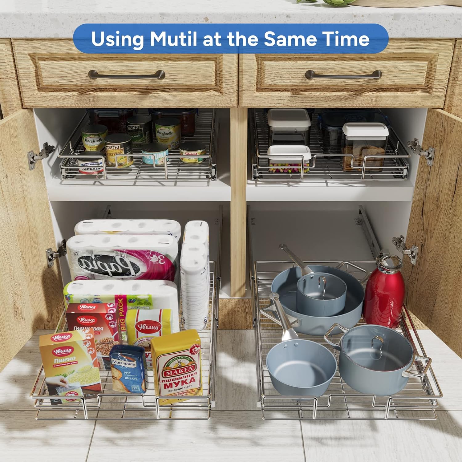 ROOMTEC Pull Out Cabinet Organizer, 1 Tier Black, Kitchen Cabinet Organizers, Slide Out Shelves, Heavy Duty, 5.5" W x 21.5" D x 3.5" H, Expandable, Painted, 1 Count
