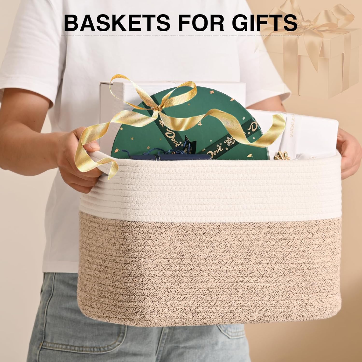 Woven Cotton Rope Storage Basket for Organizing, Cute Decorative Baskets for Gifts Empty, Organizer Bins for Dog Toy, Baby Laundry, 15“×11”×9.5“, Off White & Brown