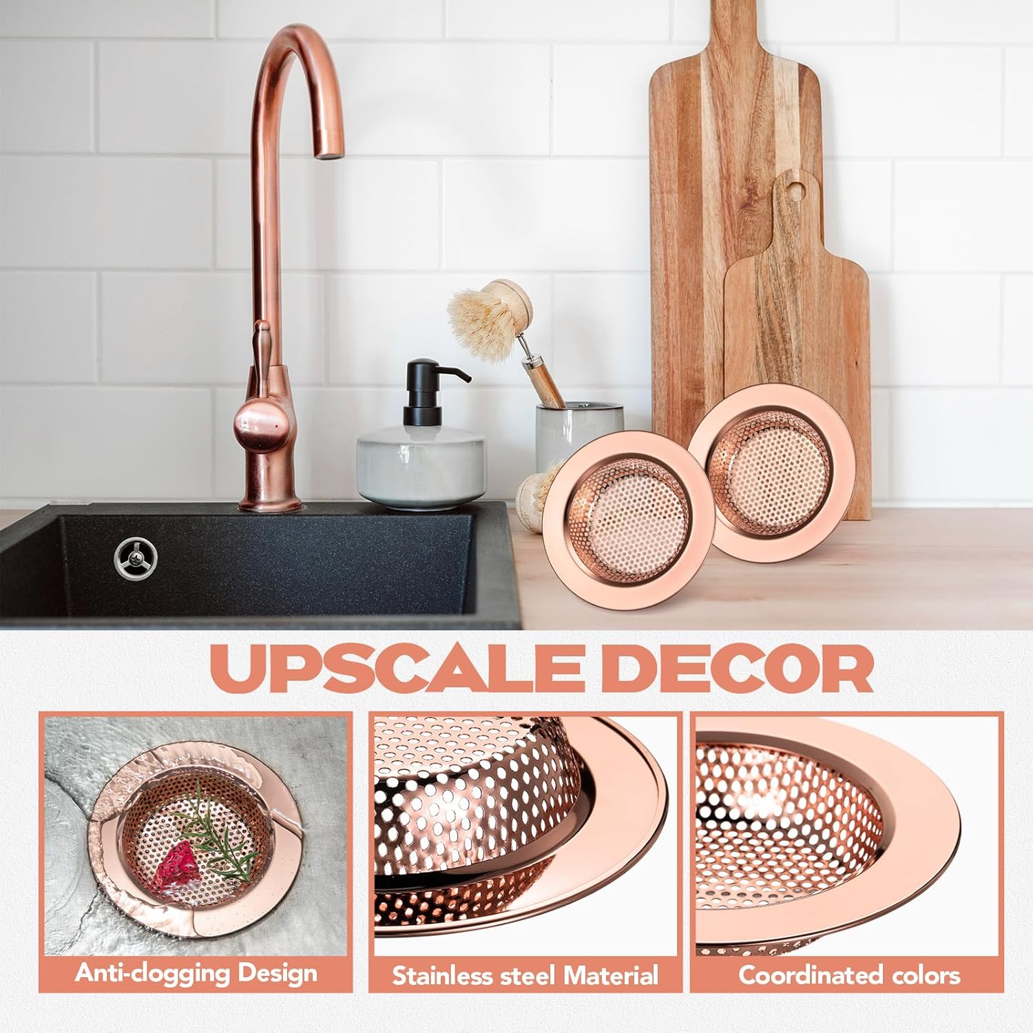 Retisee 2 Pcs Sink Strainer Stainless Steel Kitchen Sink Drain Strainer Basket Cover Mesh Hair Food Catcher, Large Wide Rim of 4.4 Diameter(Rose Gold)