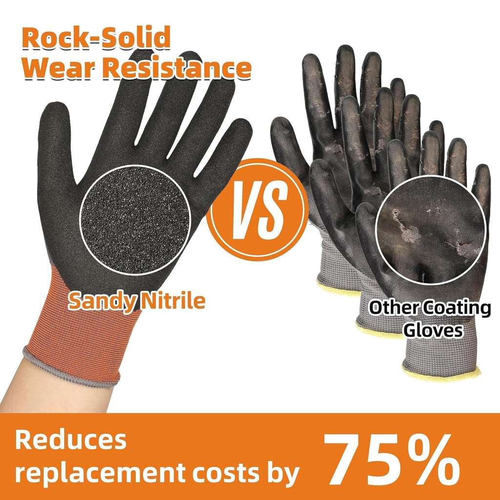 Schwer 12 Pairs Safety Work Gloves with Sandy Nitrile Coating LT5626, Max Abrasion Resistance Heavy Duty Gloves with Grip for Men Women, Ideal for General Use, Mechanic, Construction, Gardening, XS