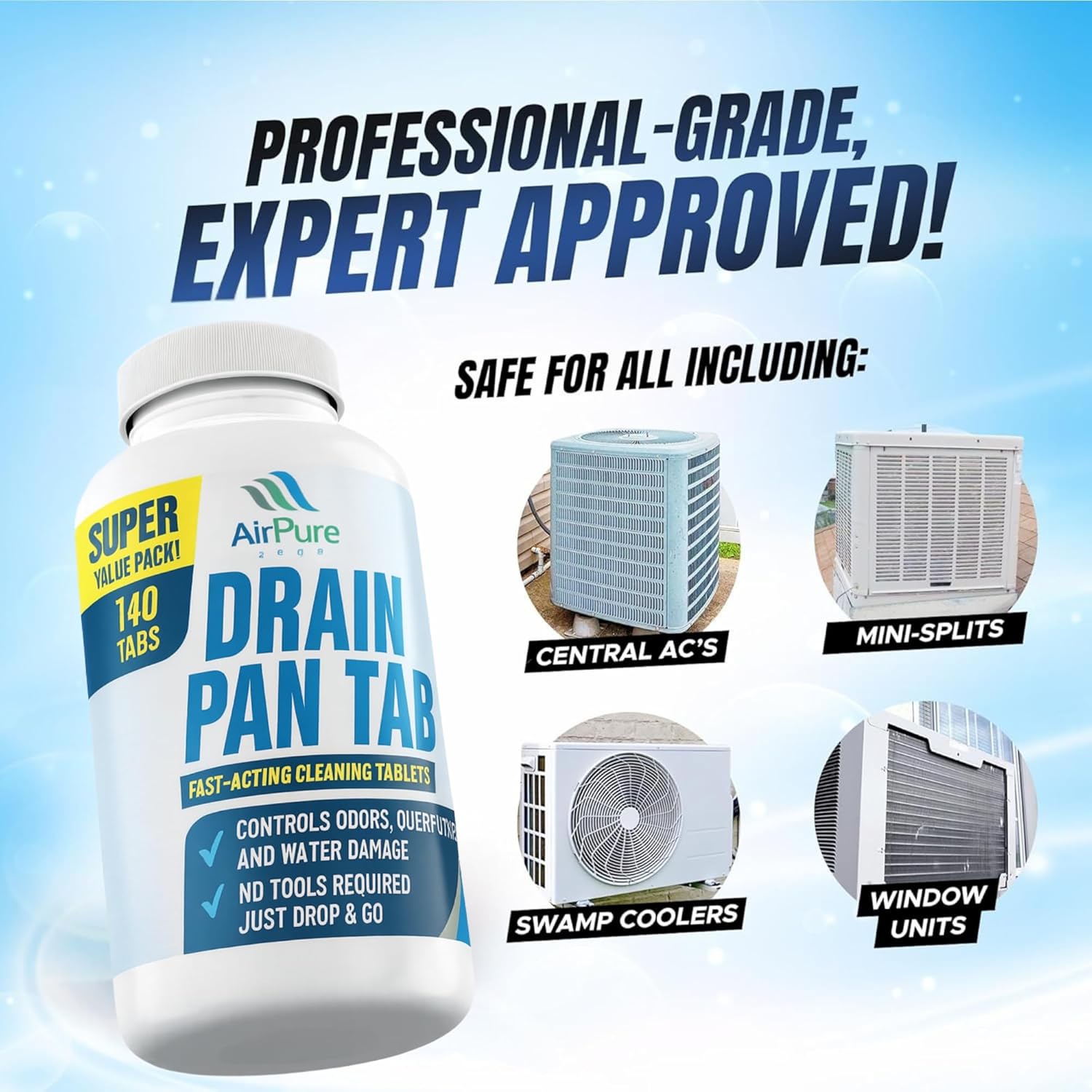 Air Pure Drain Pan Tabs - 140 Flow Treatment Tablets for HVAC & AC Condensate Pan Treatment | Prevents Overflow, Cleans Drain Lines, & Eliminates Odors