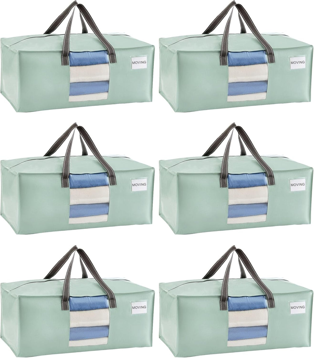 VENO 6 Pack Moving Bags for College, Heavy-Duty Storage Totes, Moving Boxes and Wardrobe Packing Supplies Alternative - Extra Large Durable Laundry Bags for Clothes (Shiny Light Green, 6 Pack)