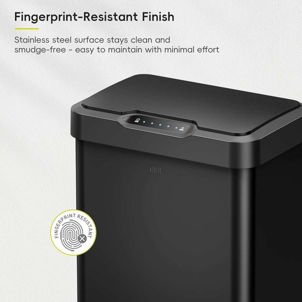 EKO Mirage-T 50 Liter / 13.2 Gallon Touchless Rectangular Motion Sensor Trash Can, Brushed Stainless Steel Finish (Matte Black)