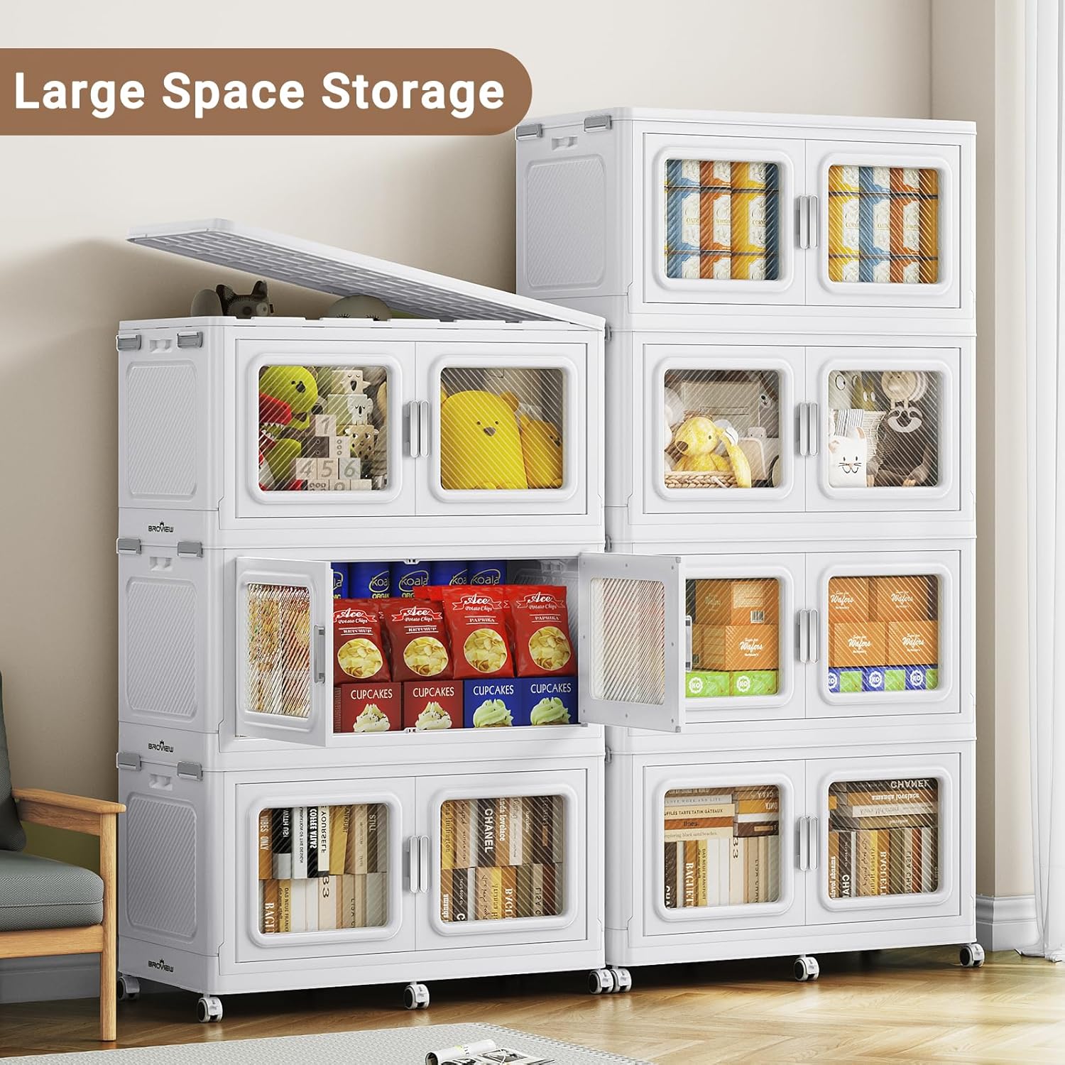 BROVIEW 1200 Qt Stackable Storage Bin with Lid, 300Gal Extra Large Collapsible Storage Boxes, Folding Plastic Drawer, Heavy-Duty Store Cabinet, Closet Organizer for Home Kitchen, 4 Pack White