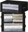 HomeHacks Storage 3-Pack Clothes Organizer Storage Bags Foldable Storage Box with Large Clear Window Sturdy Handles for Closet, Dorm, Pillows, Bedding, Clothes, Blankets, 35L, Black