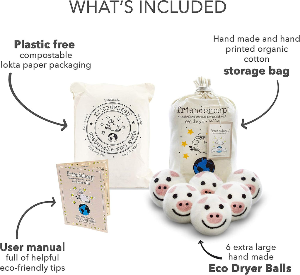Friendsheep Wool Dryer Balls 6 Pack XL Organic Premium Reusable Cruelty Free Handmade Fair Trade No Lint Fabric Softener Pig - Piggy Band