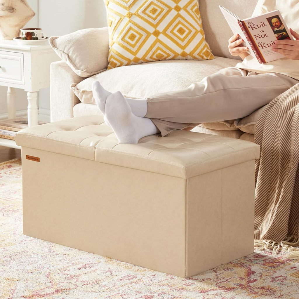 HAUSFRAU - 30 Inches Storage Ottoman Bench with Flipping Lid, Foldable Storage Chest Foot Rest for Living Room, Bedroom, Entryway, Load 660 lb, Synthetic Leather, Ivory